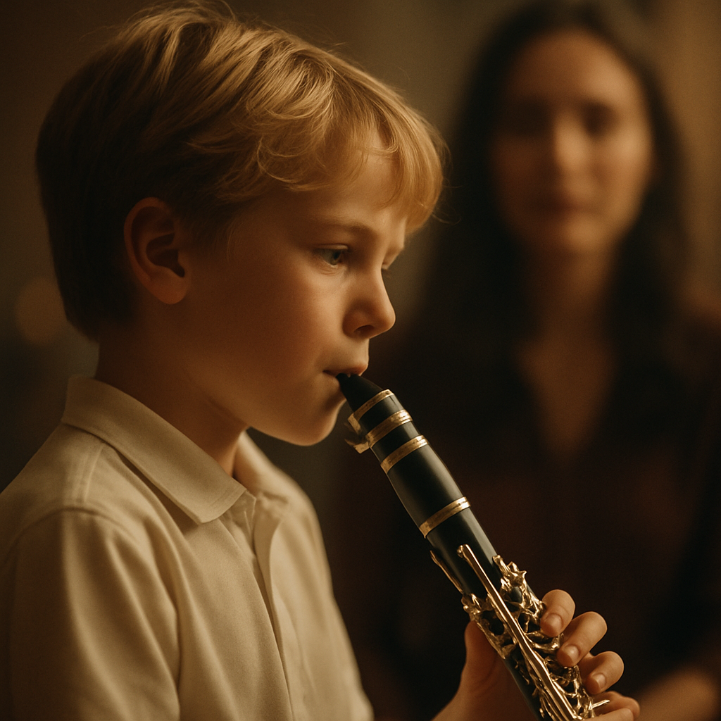 Young musician in focused study with mentor in the background